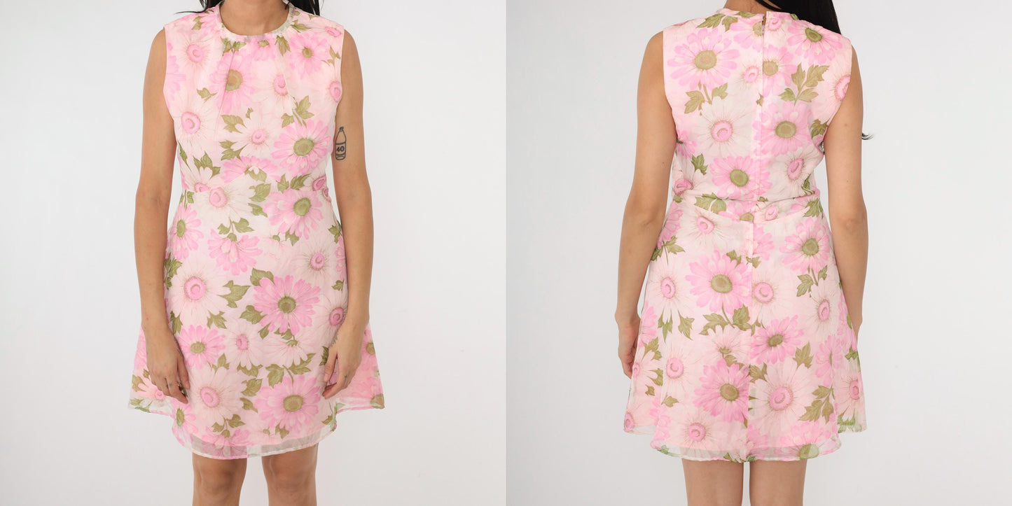 1960s Pink Daisy Floral Mini Dress Empire Waist A-Line Sleeveless Medium 8