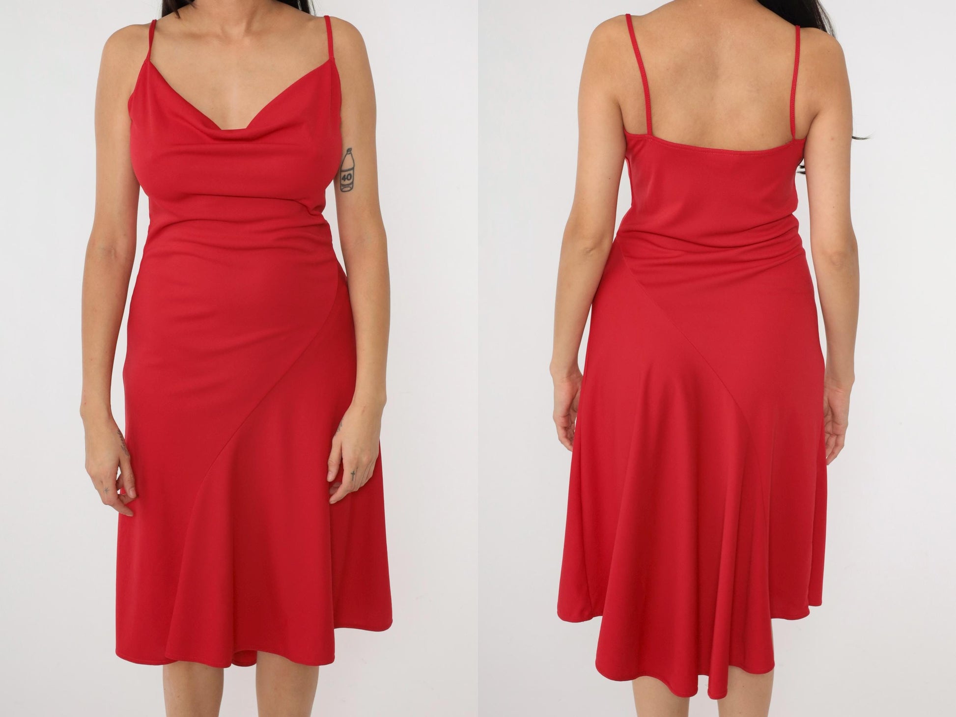 Y2K Red Cowl Neck Midi Dress Spaghetti Strap Fit Flare 00s Medium