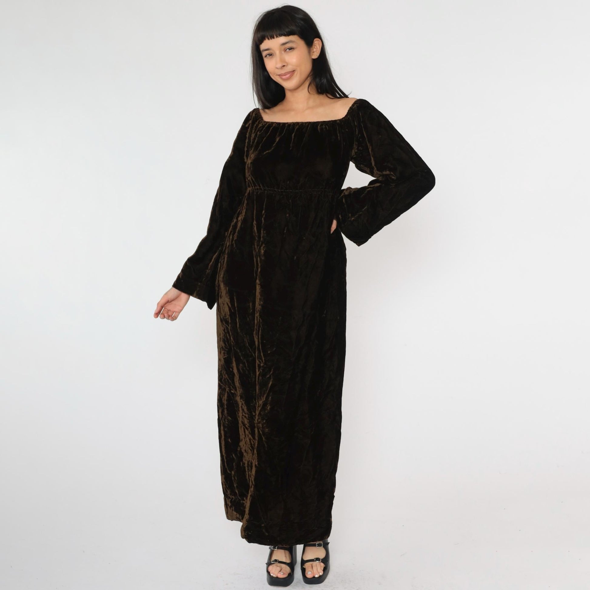 Y2K Brown Velvet Maxi Dress Empire Waist Wide Sleeve Small S