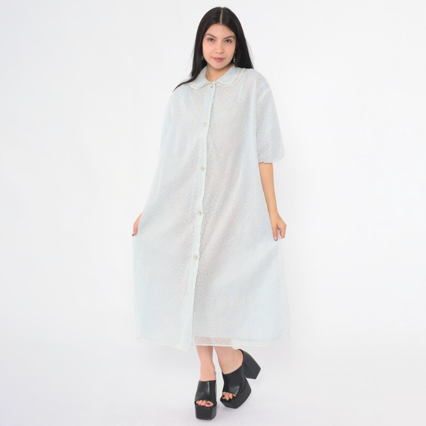 60s Light Blue Chiffon Robe Flocked Floral Peter Pan Collar Peignoir Extra Large