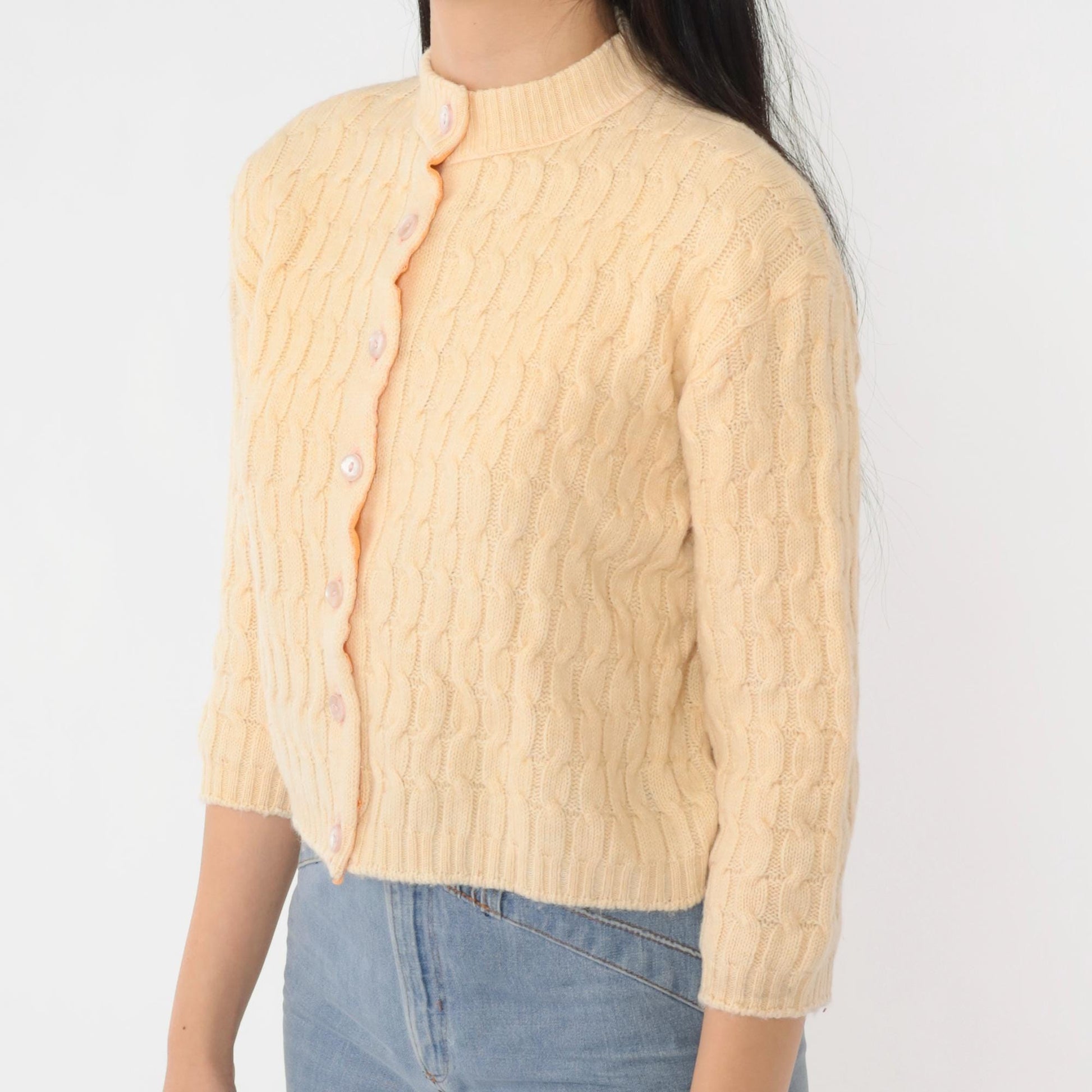 60s Cream Cable Knit Cardigan Cropped Wool Blend Button Up 3/4 Sleeve Extra Small