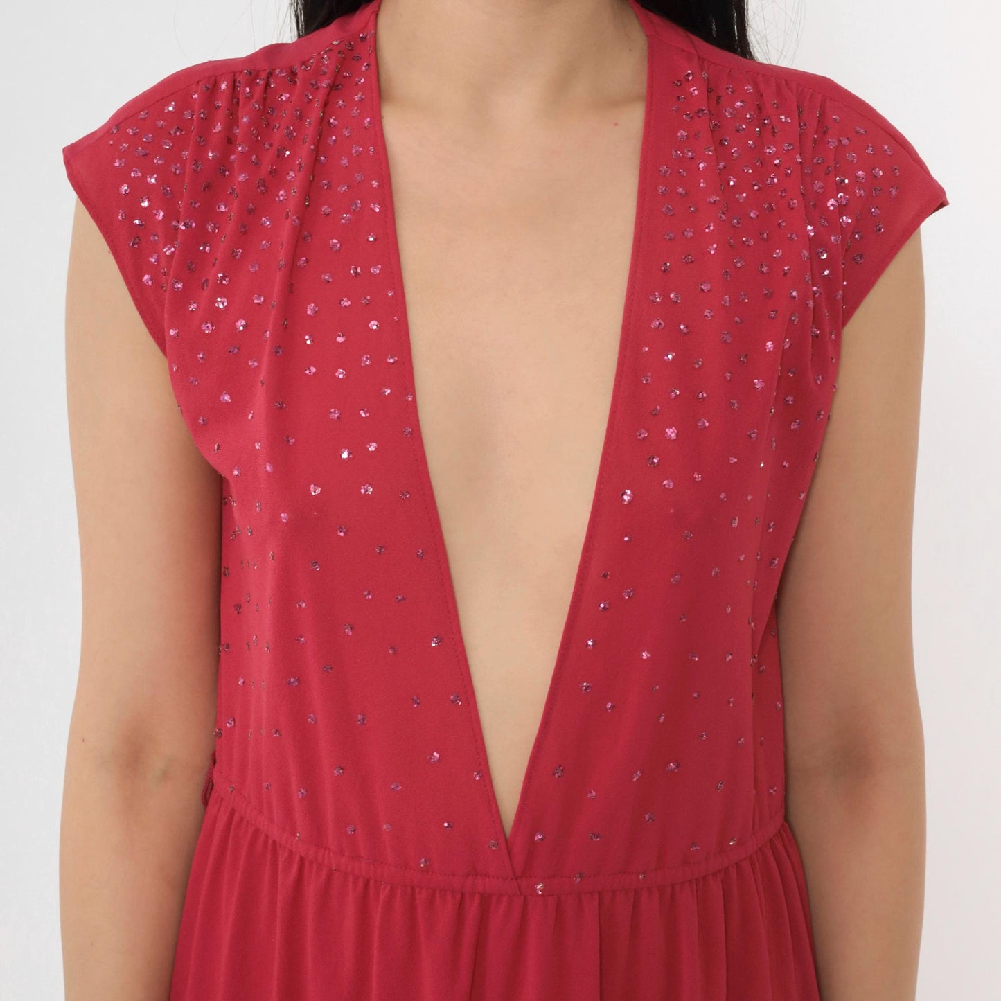 70s Raspberry Glitter Midi Dress Plunge V Neckline Cap Sleeve Small