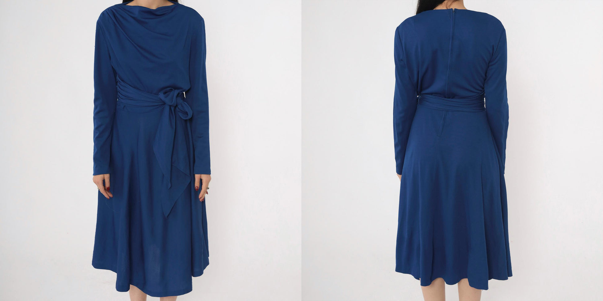 70s Royal Blue Dress Draped Boat Neck Tie Waist Midi A-Line Long Sleeve Large