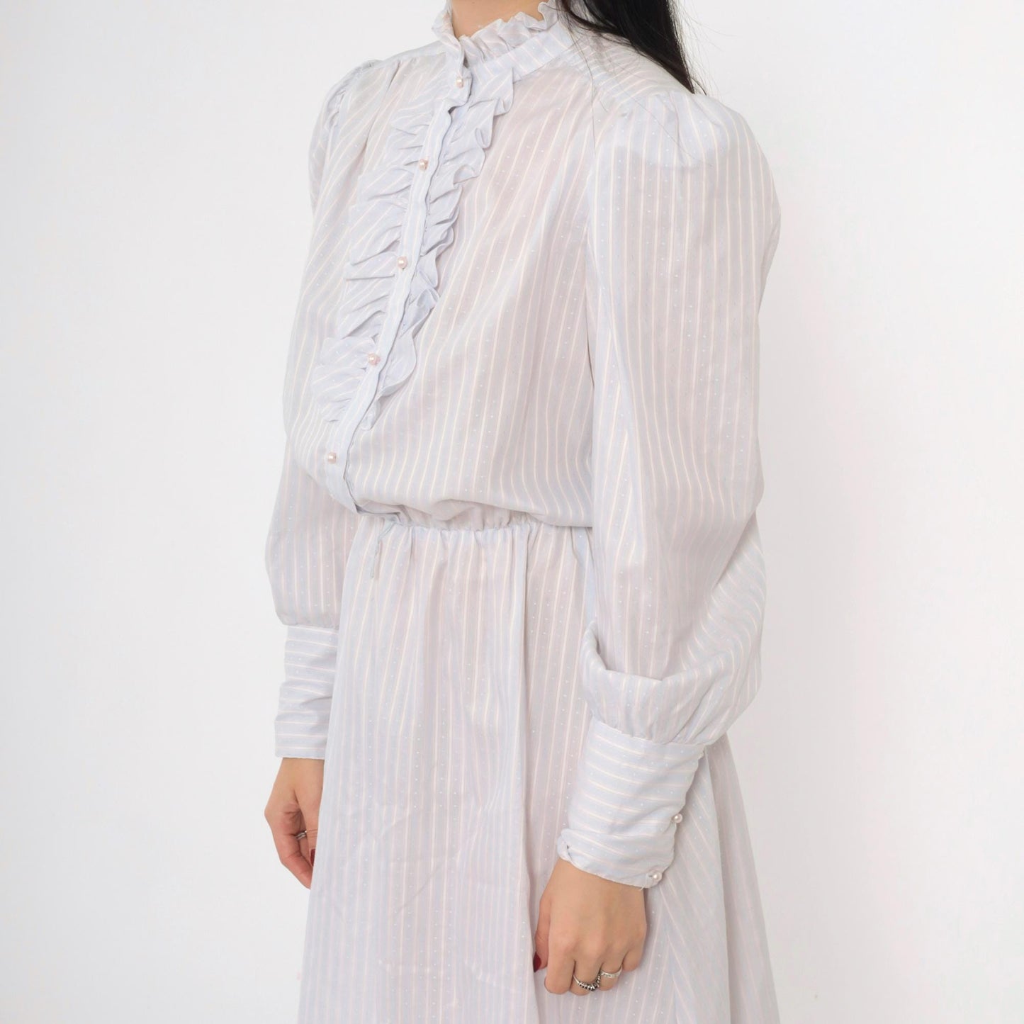 80s Striped Puff Sleeve Midi Dress Grey-Blue Pink White High Waisted Small
