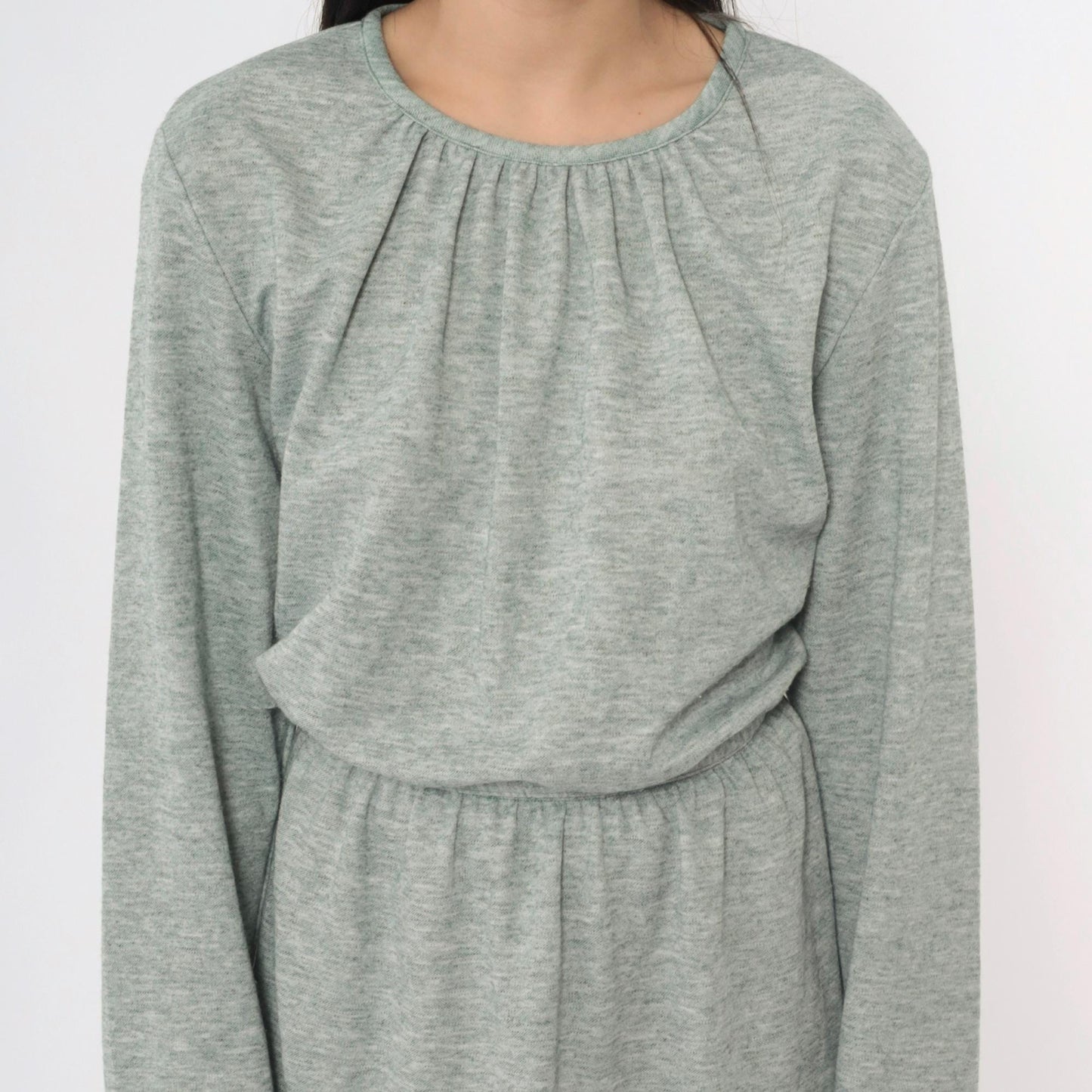 80s Heather Green Wool Blend Midi Dress High Waist Long Sleeve Belt Extra Large