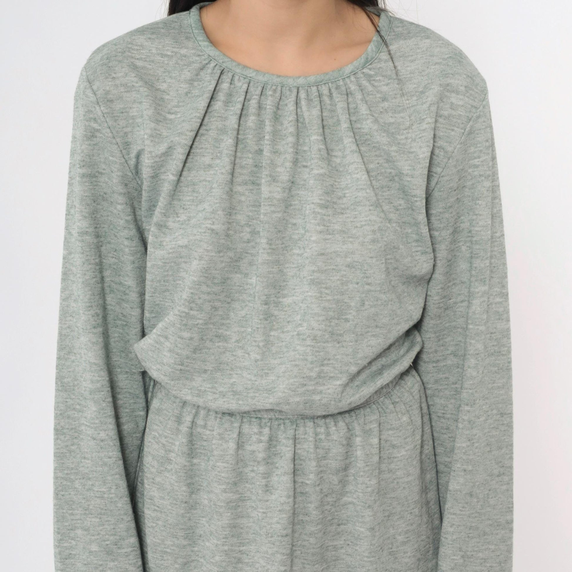 80s Heather Green Wool Blend Midi Dress High Waist Long Sleeve Belt Extra Large