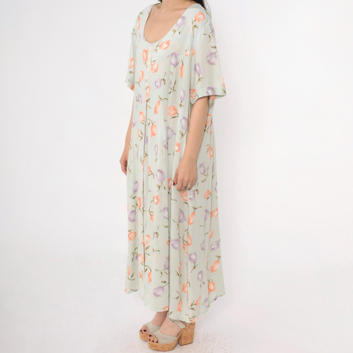 90s Jamie Brooke Floral Maxi Dress Green Button-Up Scoop Neck Short Sleeve XXL