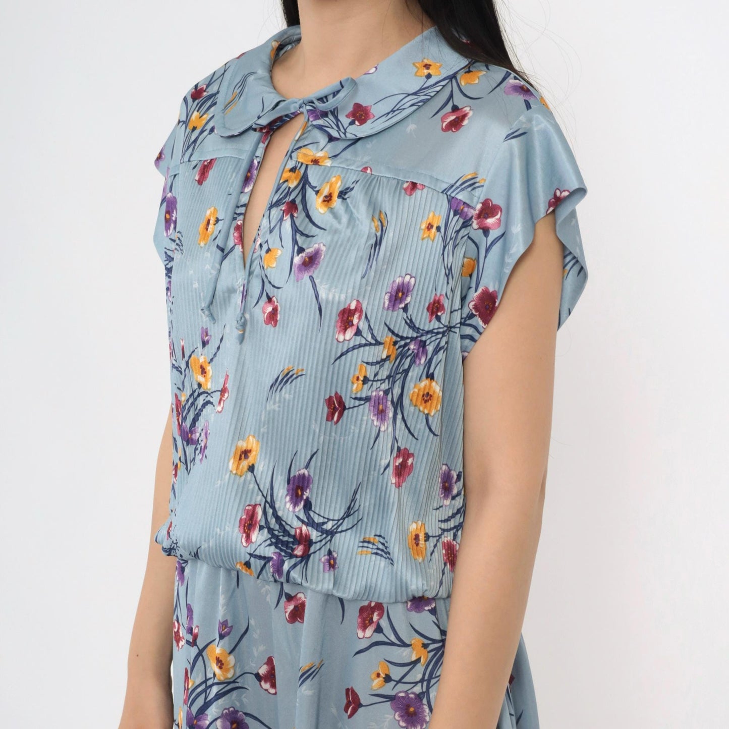 70s Blue Floral Midi Dress High Waist Peter Pan Collar Keyhole Cap Sleeve Extra Large