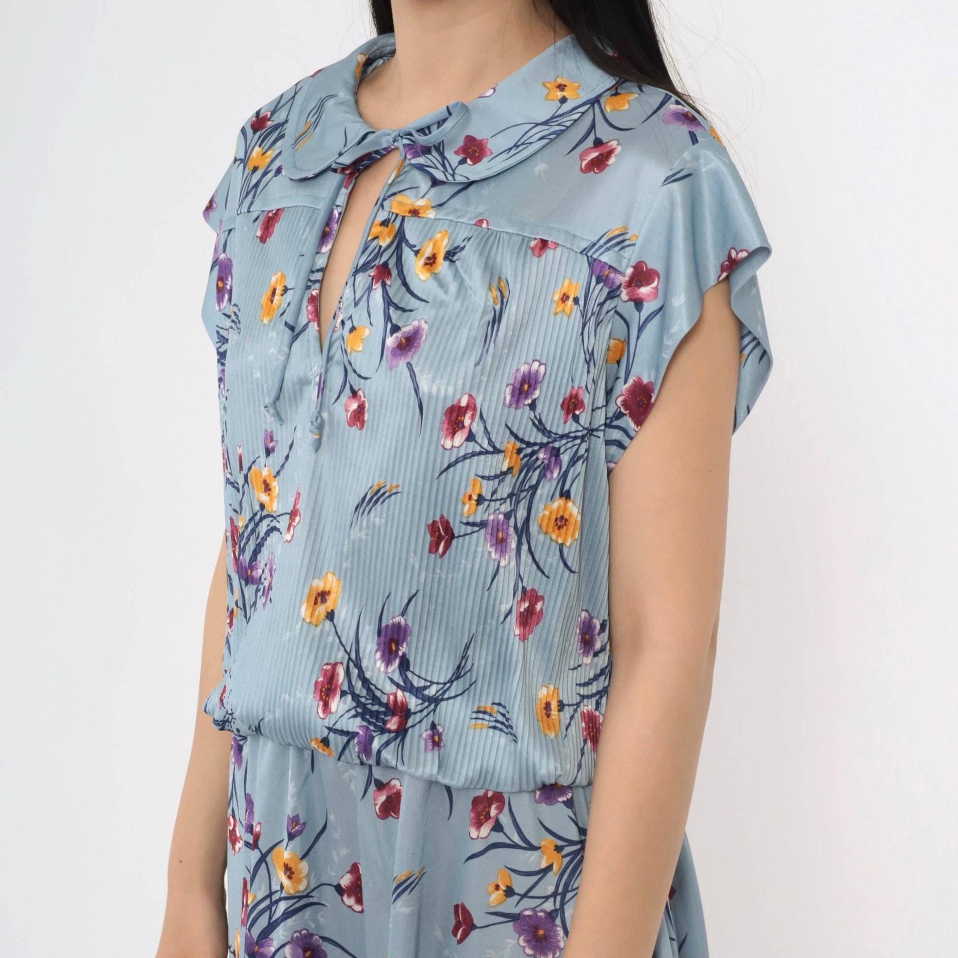 70s Blue Floral Midi Dress High Waist Peter Pan Collar Keyhole Cap Sleeve Extra Large