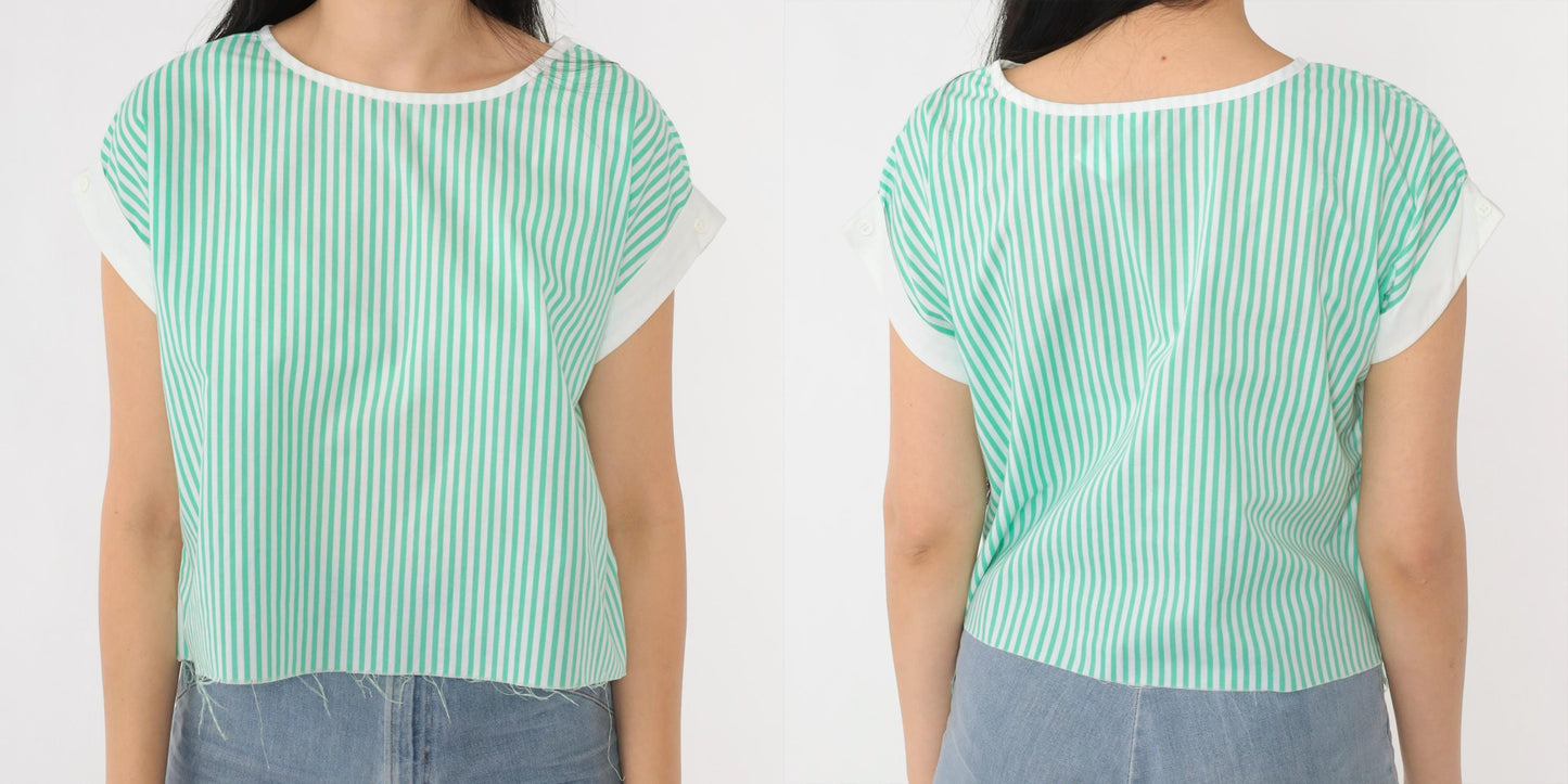 80s White Green Striped Crop Top Cap Sleeve Raw Hem Medium