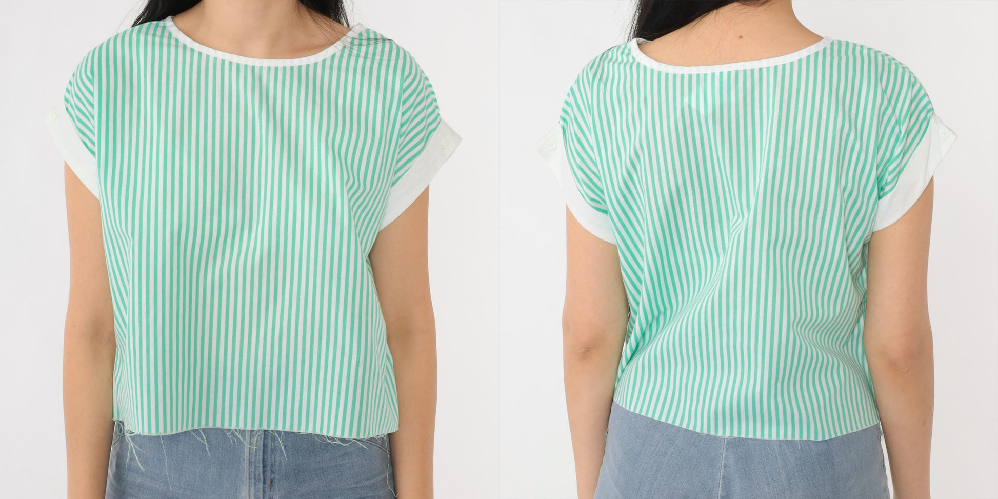 80s White Green Striped Crop Top Cap Sleeve Raw Hem Medium
