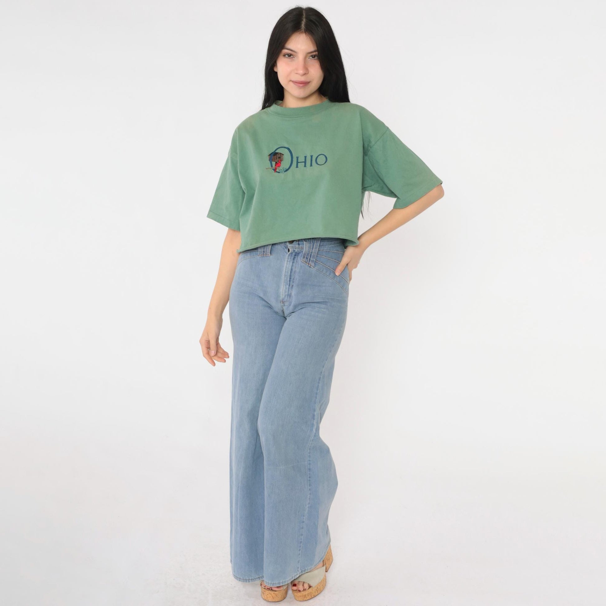 90s Ohio Cardinal Graphic T-Shirt Faded Green Crop Top Medium