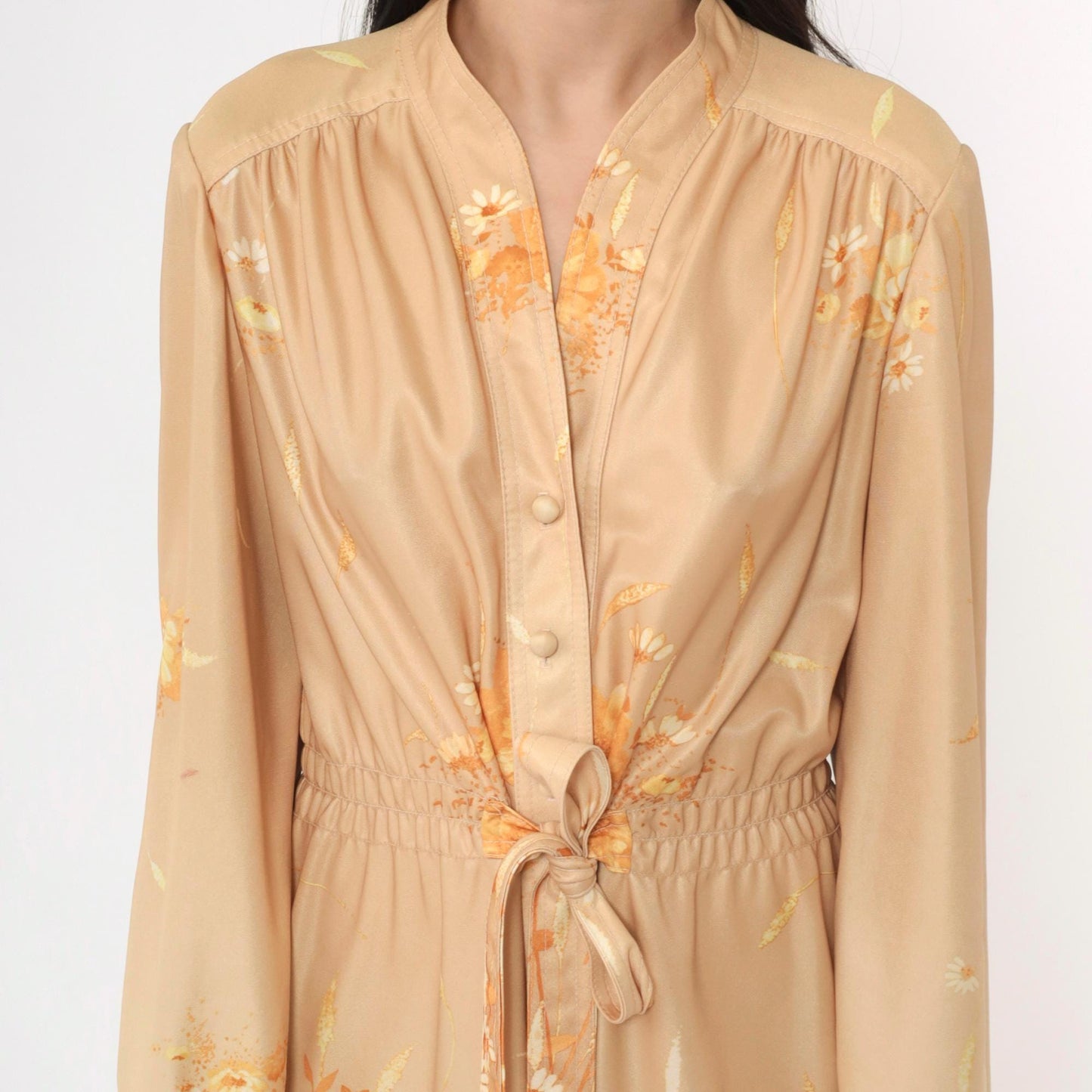 70s Tan Floral Midi Dress Button-Up Smocked Waist Tie Belt Long Sleeve Medium