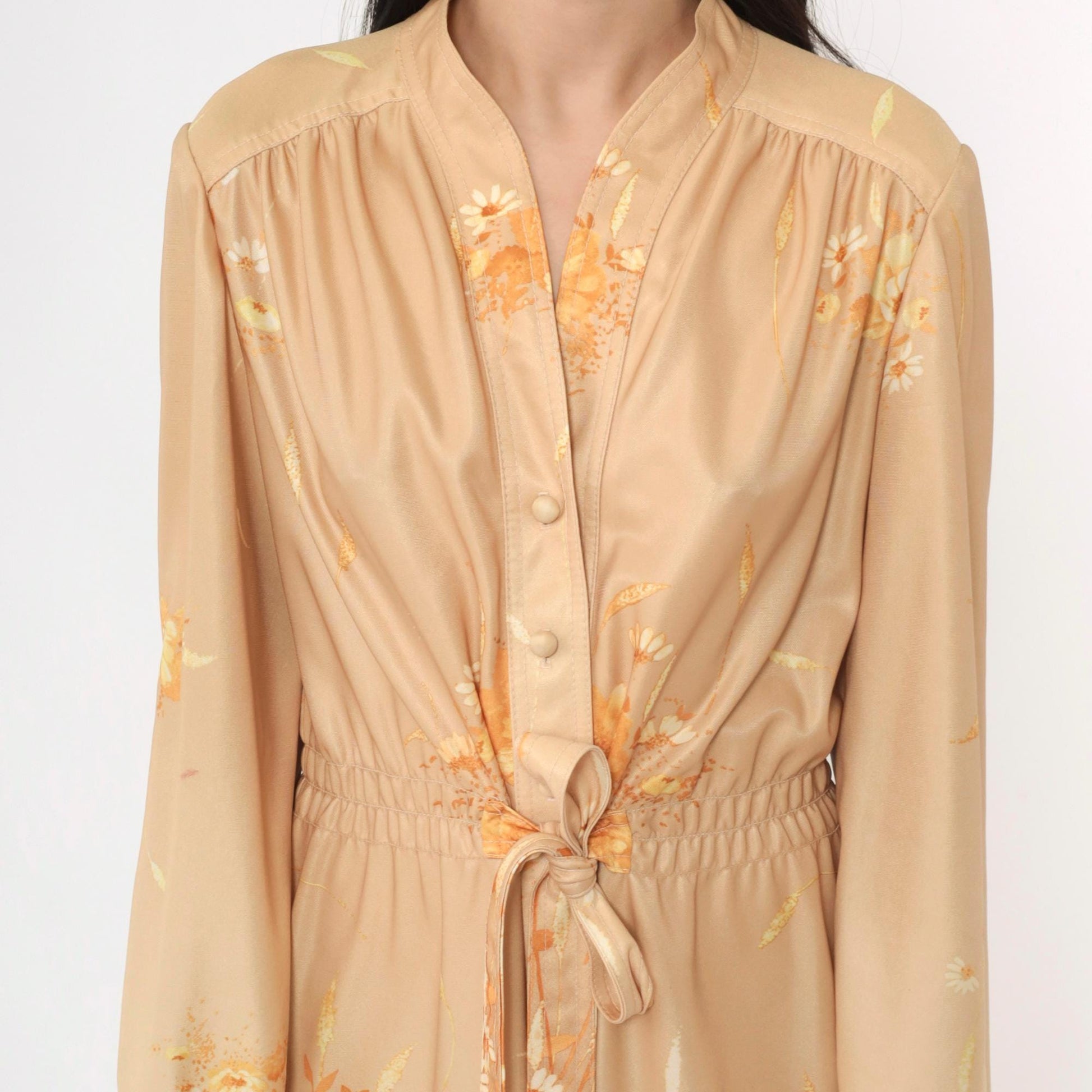70s Tan Floral Midi Dress Button-Up Smocked Waist Tie Belt Long Sleeve Medium