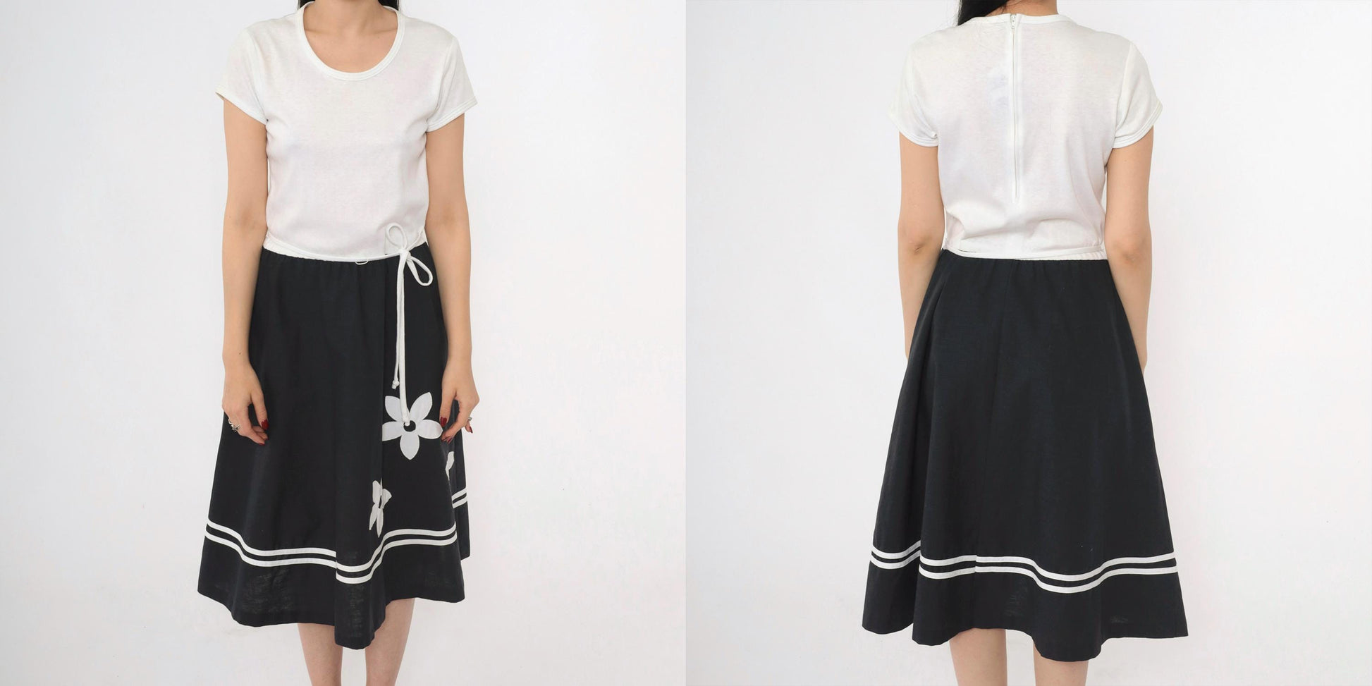 70s Toni Todd Black White Floral Appliqué Midi Dress High Waist Scoop Neck Medium