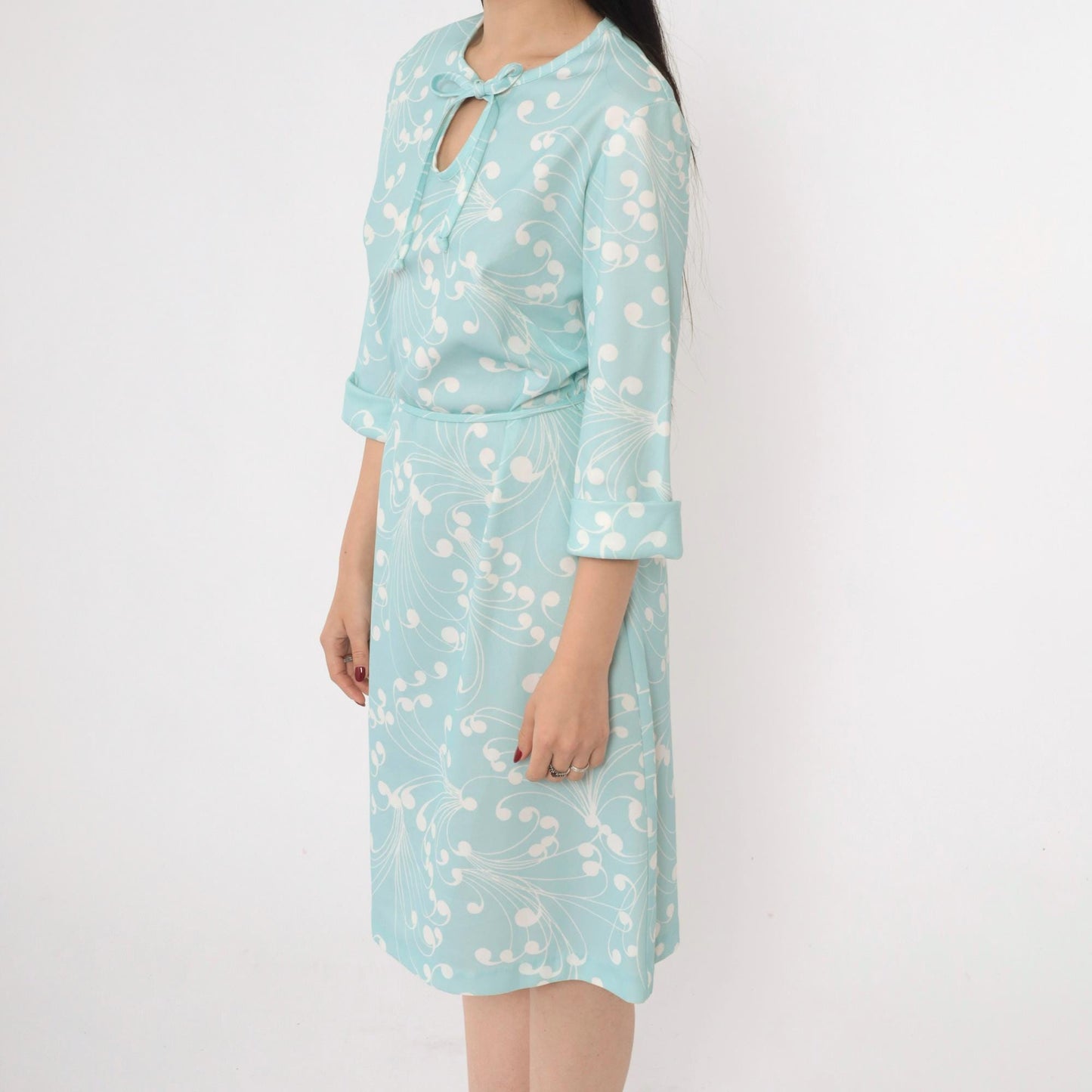 70s Lady Blair Aqua Swirl Print Shift Dress Keyhole Tie Neck Medium