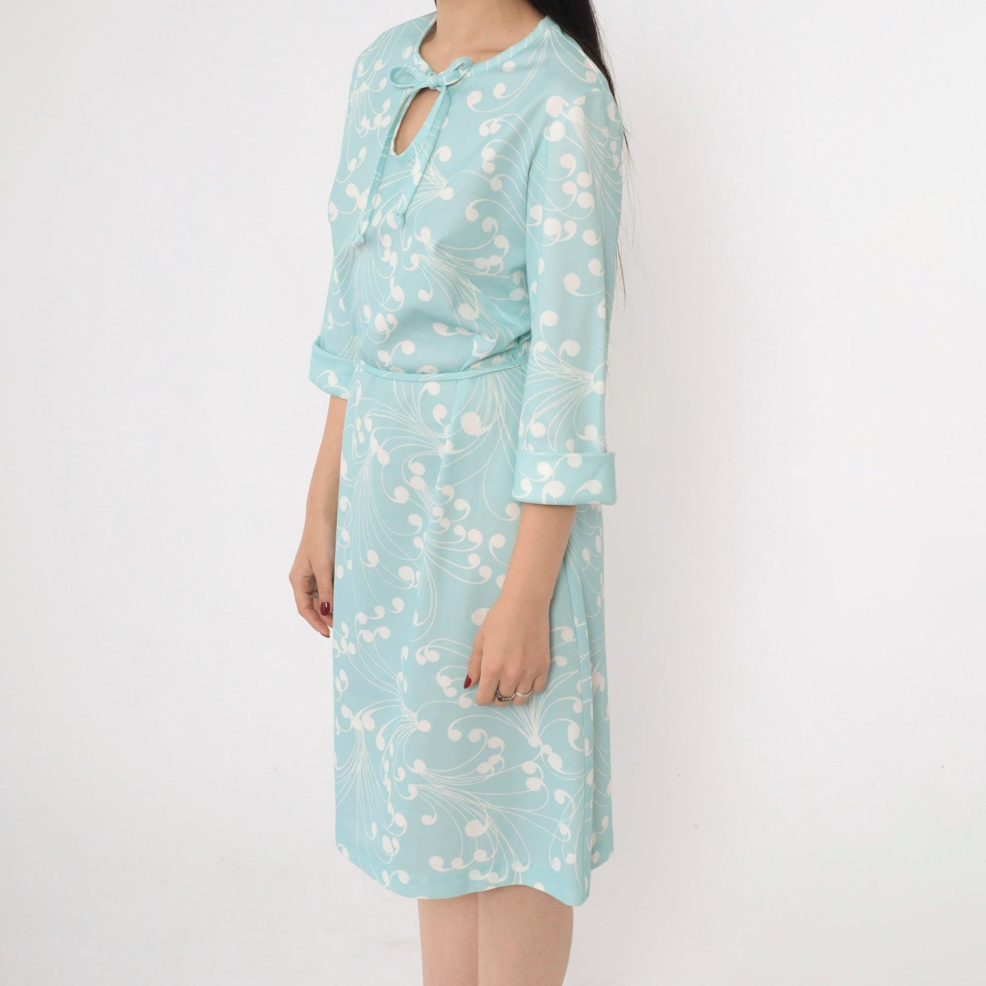 70s Lady Blair Aqua Swirl Print Shift Dress Keyhole Tie Neck Medium