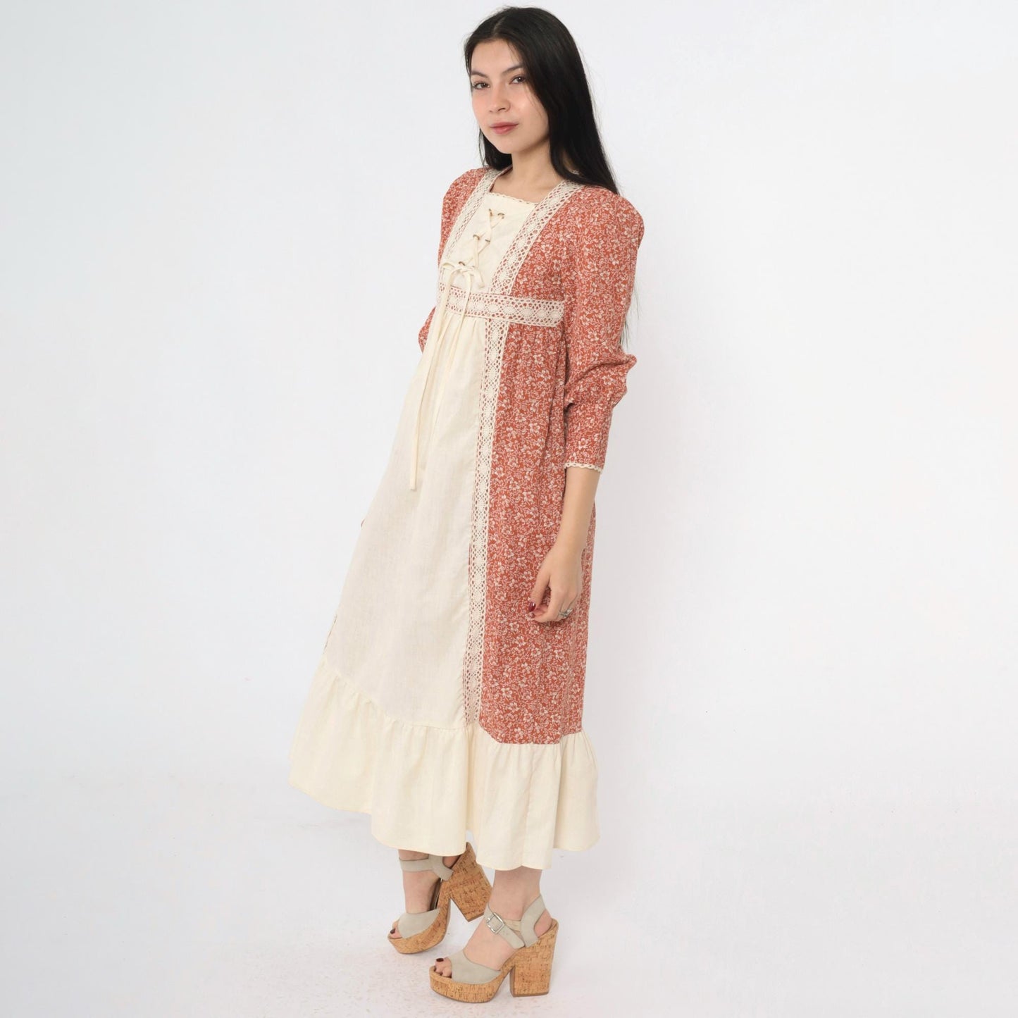 70s Prairie Dress Burnt Orange Calico Floral Midi Puff Sleeve Lace-Up Small