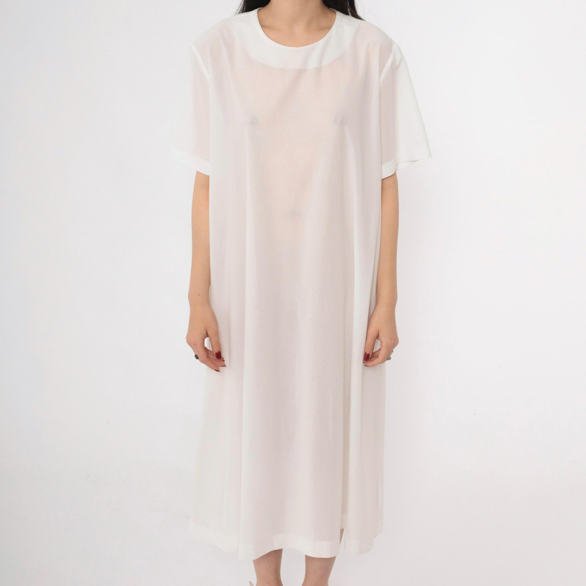 70s Sheer White Shift Dress Tie Belt Short Sleeve Mini Plus Size XXL