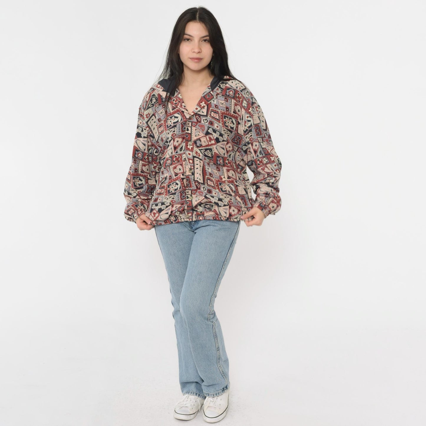 90s Patchwork Hooded Windbreaker Jacket Hearts Floral Rust Red Large L
