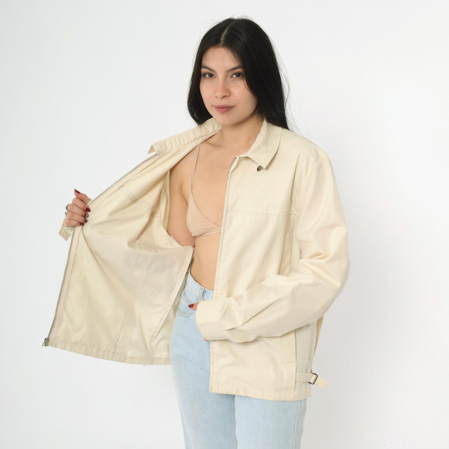 80s Cream Windbreaker Jacket Full Zip Bomber Neck Buckle Men's Medium