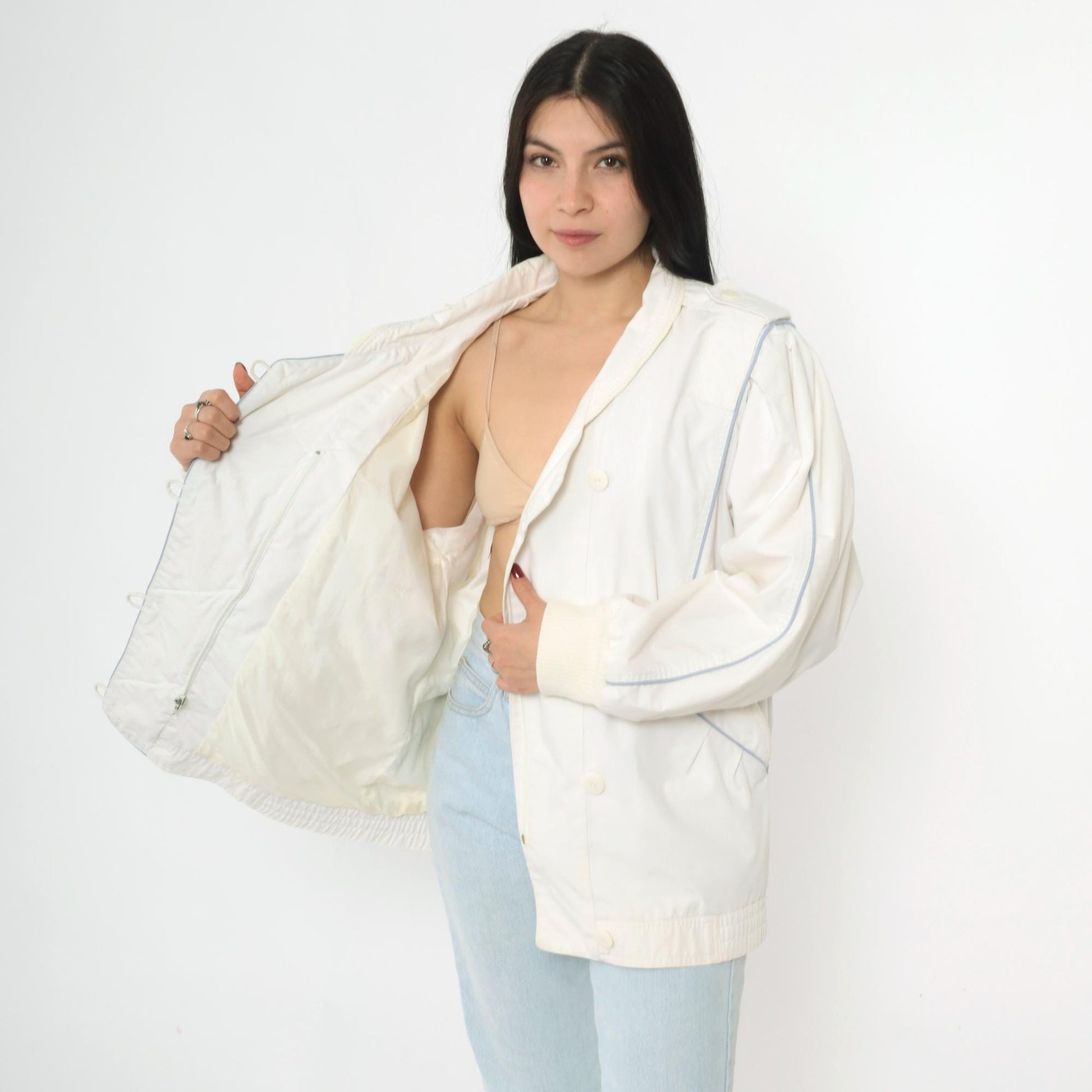 80s White Windbreaker Jacket Puff Sleeve Epaulet Bomber Medium