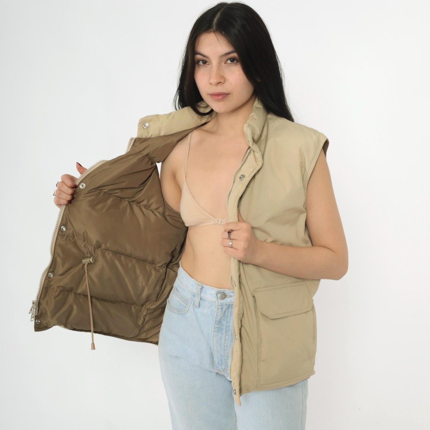 80s Orvis Tan Down Puffer Vest Goose Down Sleeveless Jacket Large