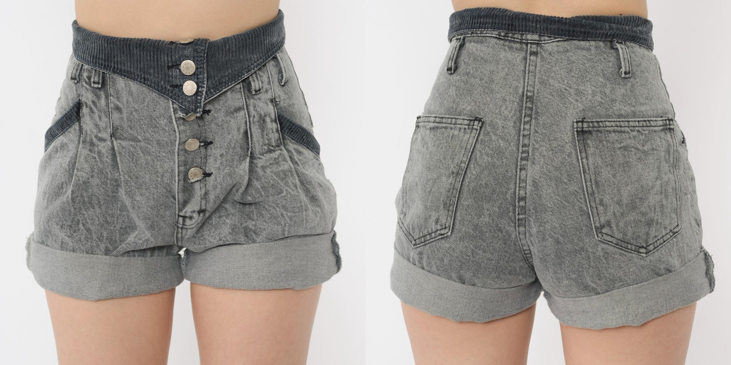 80s Grey Acid Wash Denim Shorts High Rise Pleated Button Fly Extra Small
