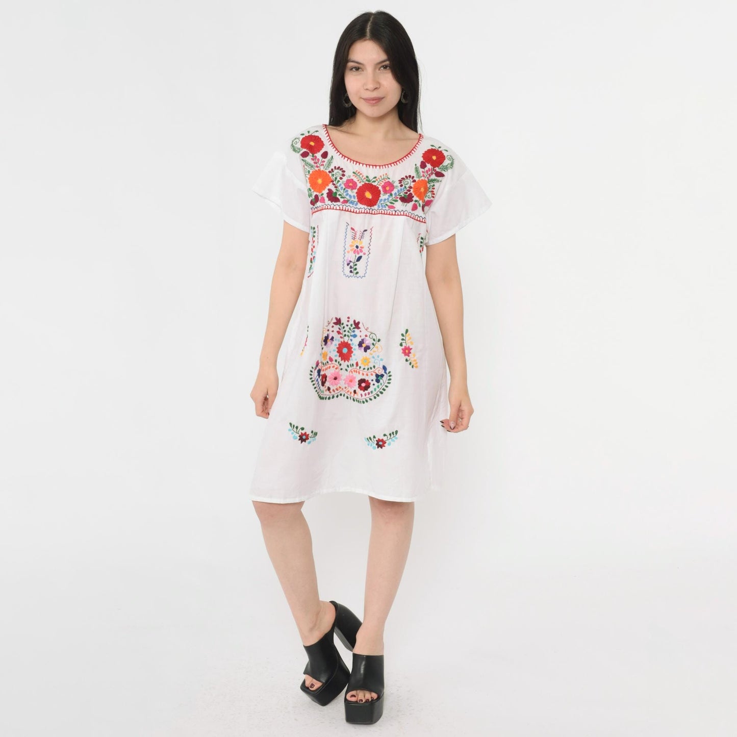 Y2K Mexican Floral Embroidered White Cotton Mini Dress Medium M