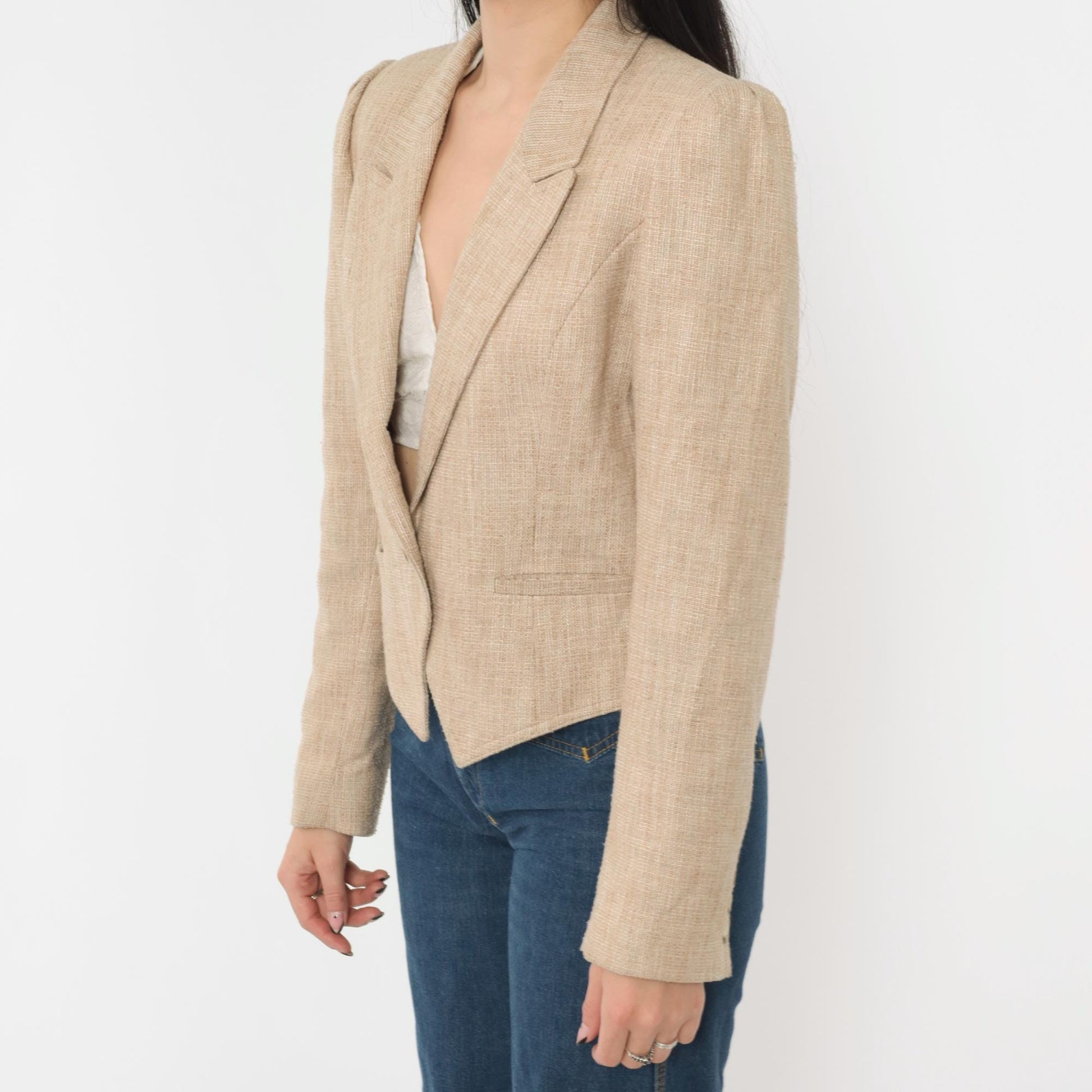 80s Tan Textured Blazer Puff Sleeve Single Button Cropped Tailored Medium