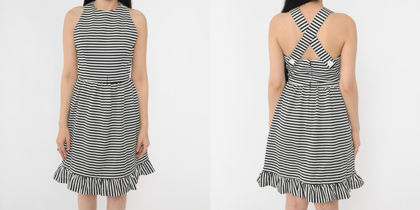 70s Joan Leslie Black White Striped Fit Flare Dress Criss-Cross Back Extra Small
