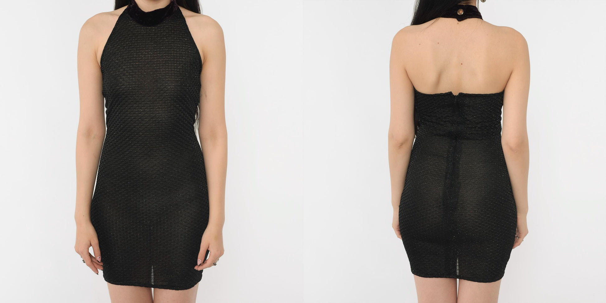 90s Black Metallic Bodycon Mini Dress Velvet Halter Sleeveless Extra Small