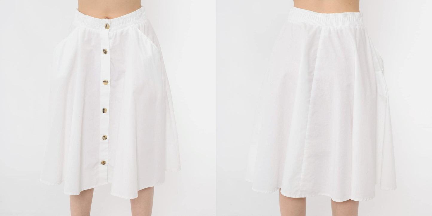 80s West Park White Button-Up Midi Skirt High Waist A-Line Pockets Small