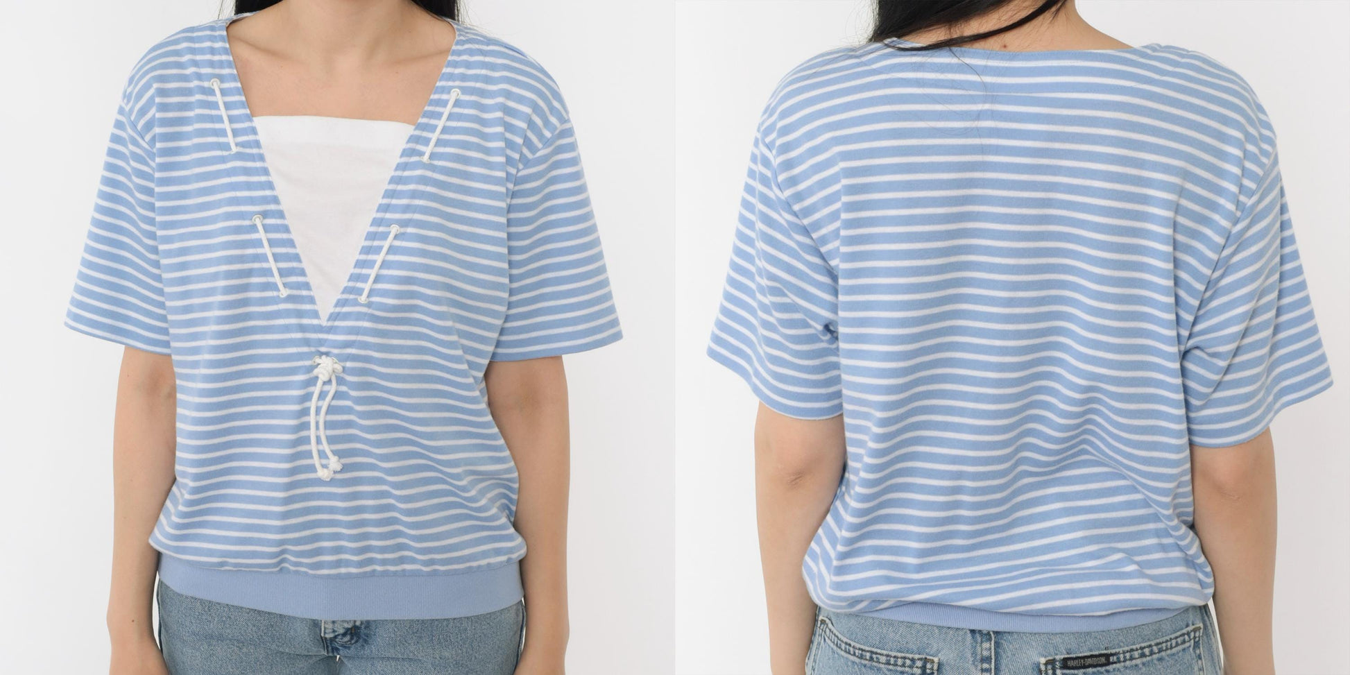 80s Jantzen Nautical Striped Shirt Light Blue White Drawstring Neck Medium Large