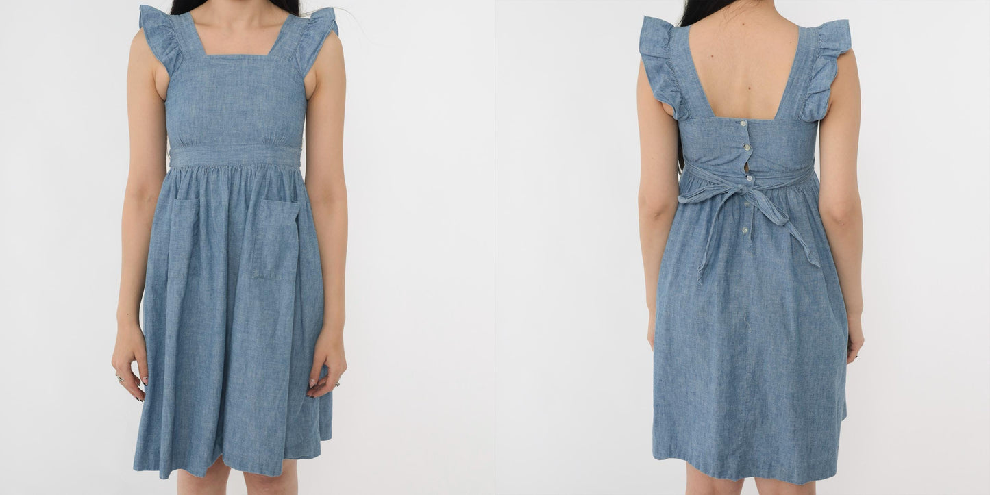 90s Chambray Mini Sundress Blue Square Neck Ruffle Sleeves Button Back 2XS