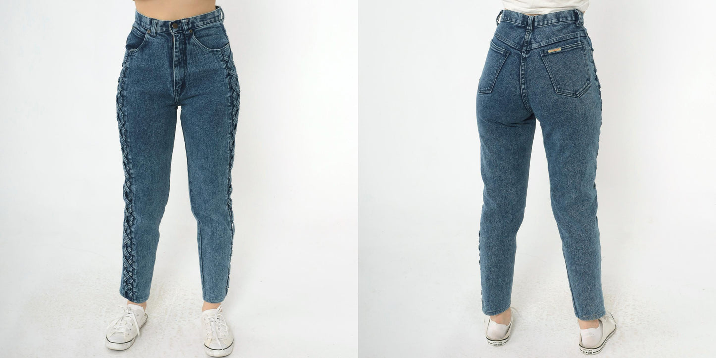 90s Blue Denim High Waist Tapered Jeans Lace Up Side Small S