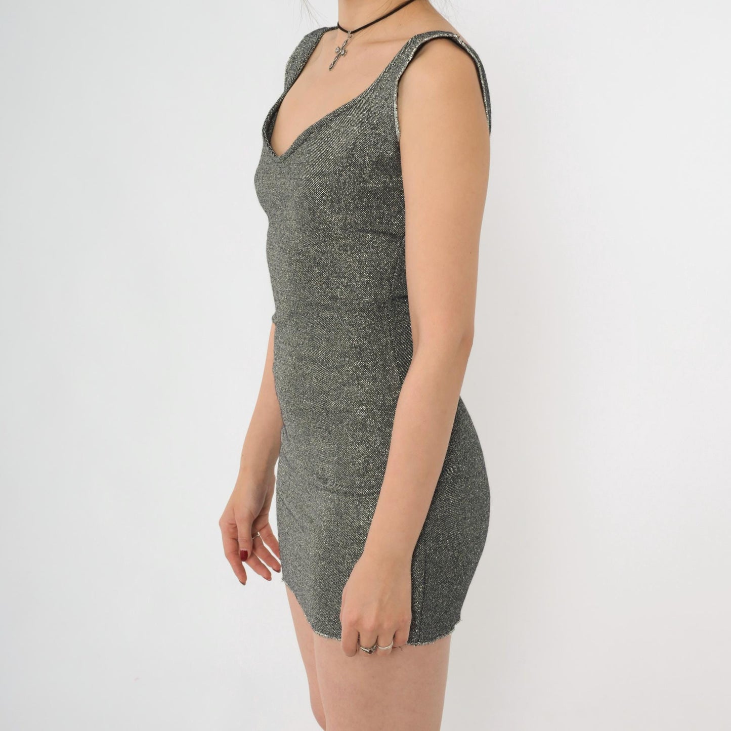 90s Sparkly Silver Black Bodycon Mini Dress Scoop Neck Sleeveless XS