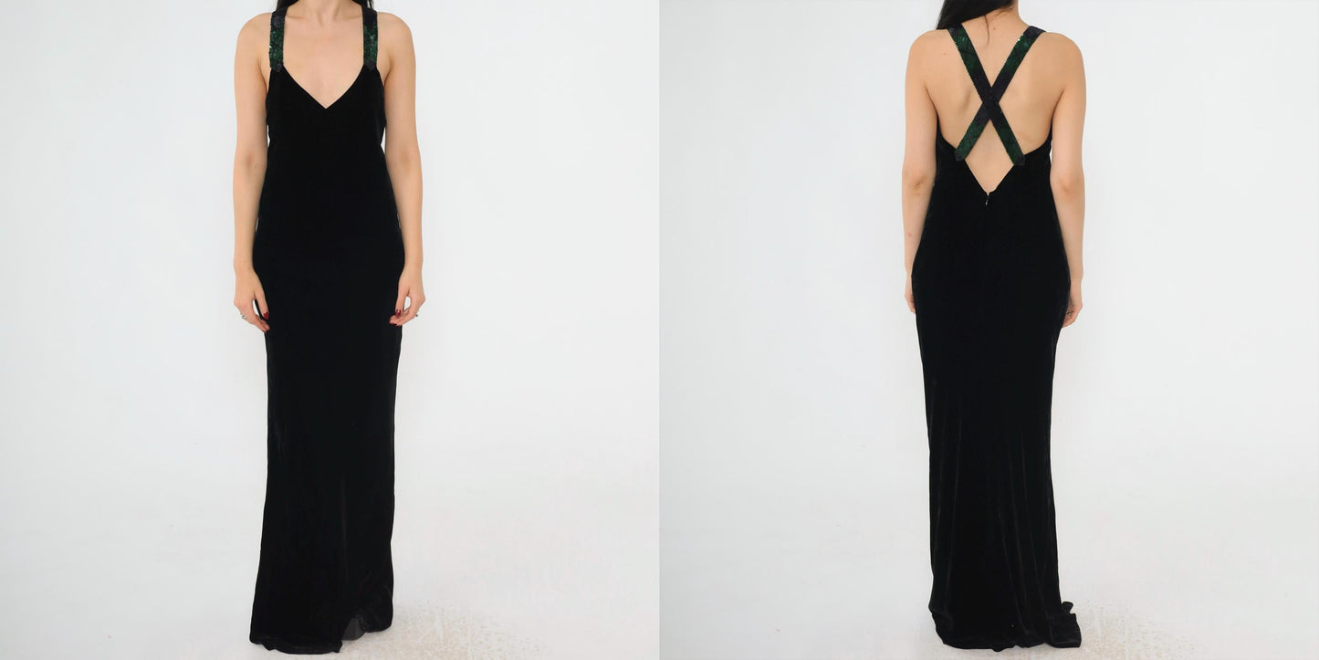 90s Ralph Lauren Collection Black Velvet Maxi Gown Sequin Straps Open Back Small 4