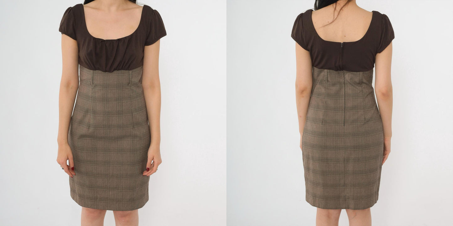 Y2K Brown Plaid Mini Dress Puff Sleeve Empire Waist Scoop Neck Small 7