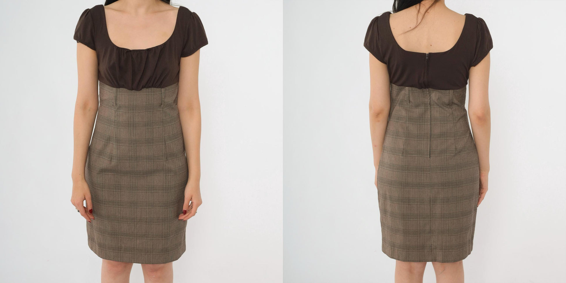 Y2K Brown Plaid Mini Dress Puff Sleeve Empire Waist Scoop Neck Small 7