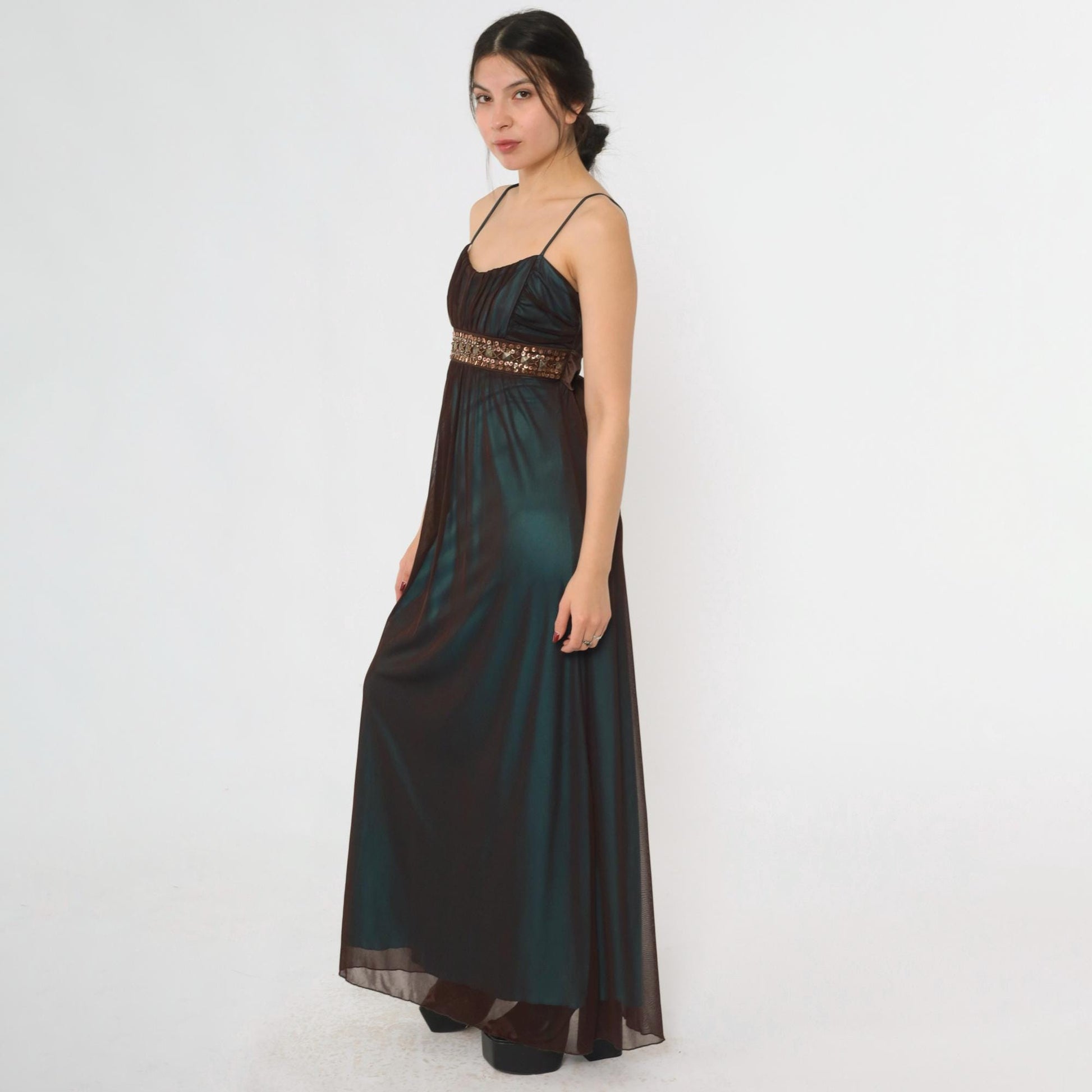Y2K Teal Sequin Beaded Maxi Party Dress Brown Mesh Overlay Spaghetti Strap Large