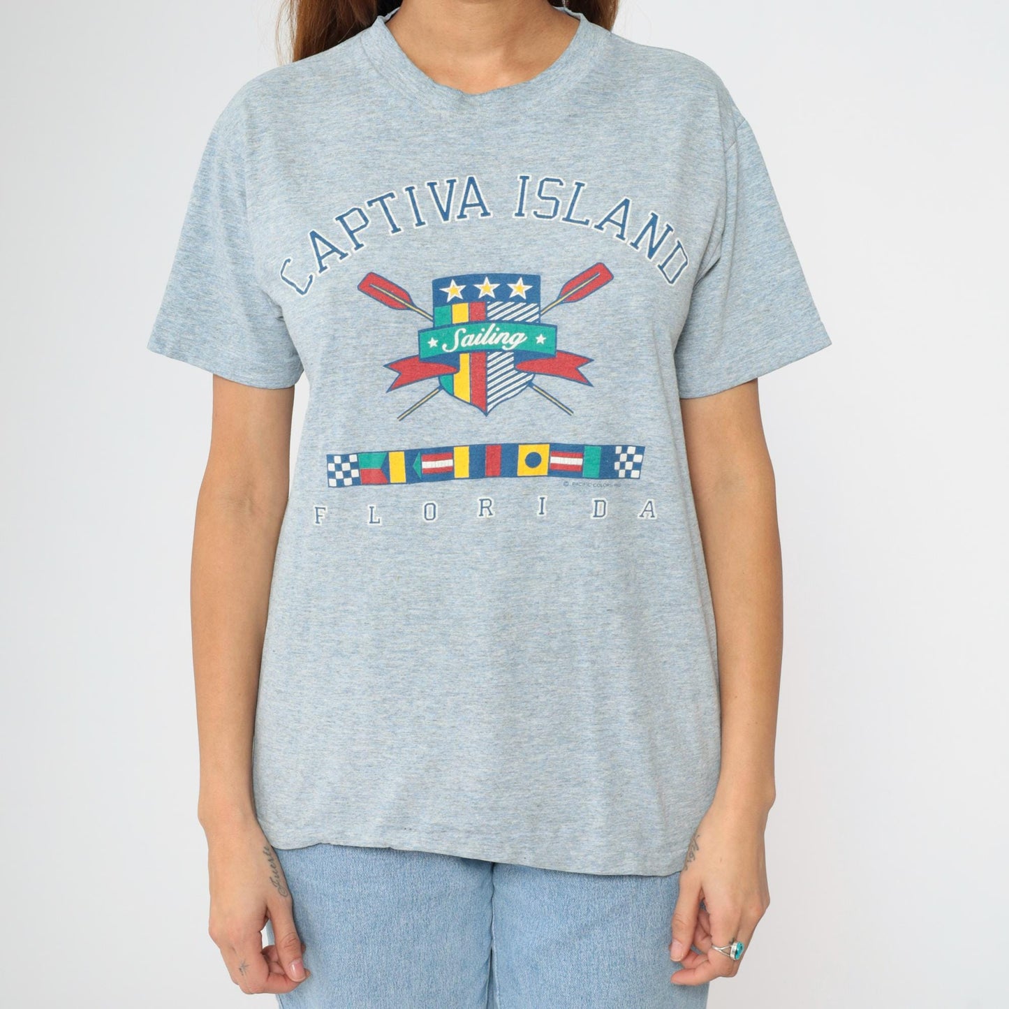 90s Captiva Island Florida Nautical Sailing Graphic T-Shirt Blue Medium