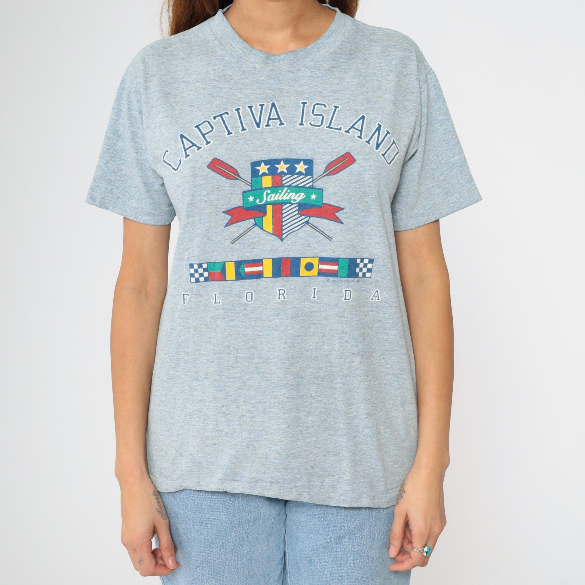 90s Captiva Island Florida Nautical Sailing Graphic T-Shirt Blue Medium