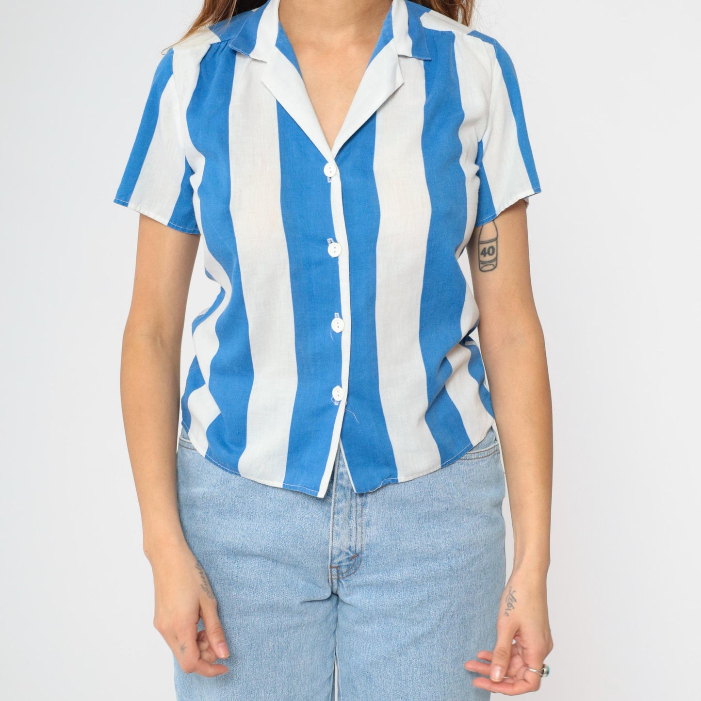 80s Blue & White Striped Button Up Shirt Short Sleeve Blouse Small