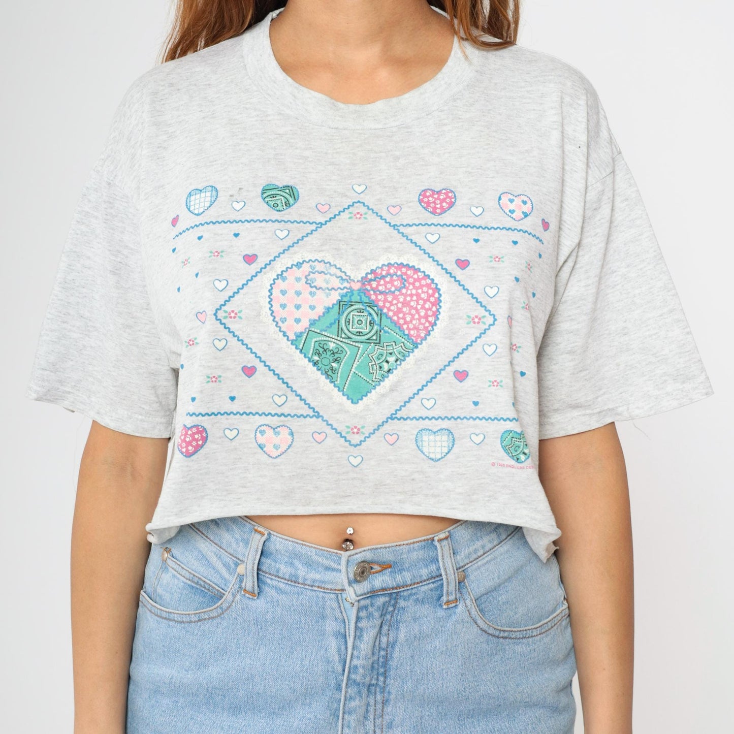 90s Jerzees Cropped Heart Patchwork T-Shirt Grey Graphic Tee Large L
