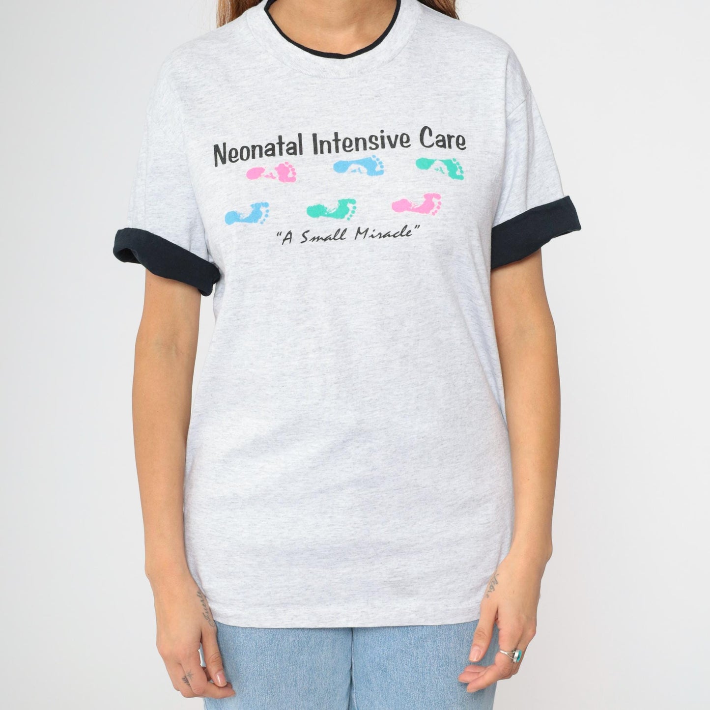 90s Neonatal Intensive Care T-Shirt Grey Ringer Tee Baby Footprint Medium