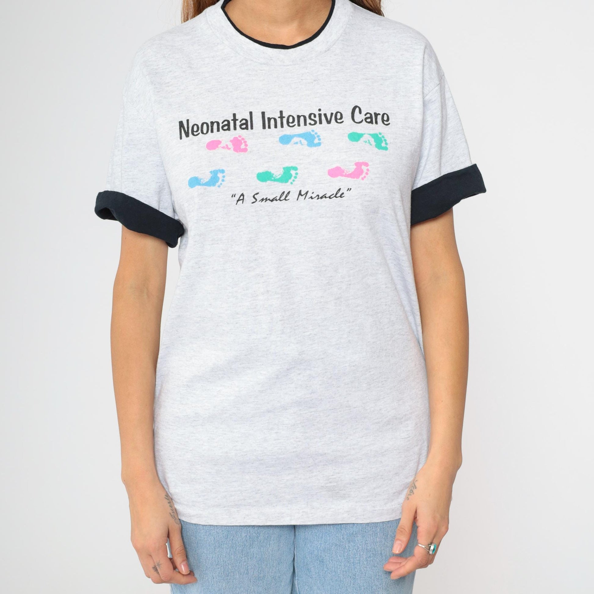 90s Neonatal Intensive Care T-Shirt Grey Ringer Tee Baby Footprint Medium
