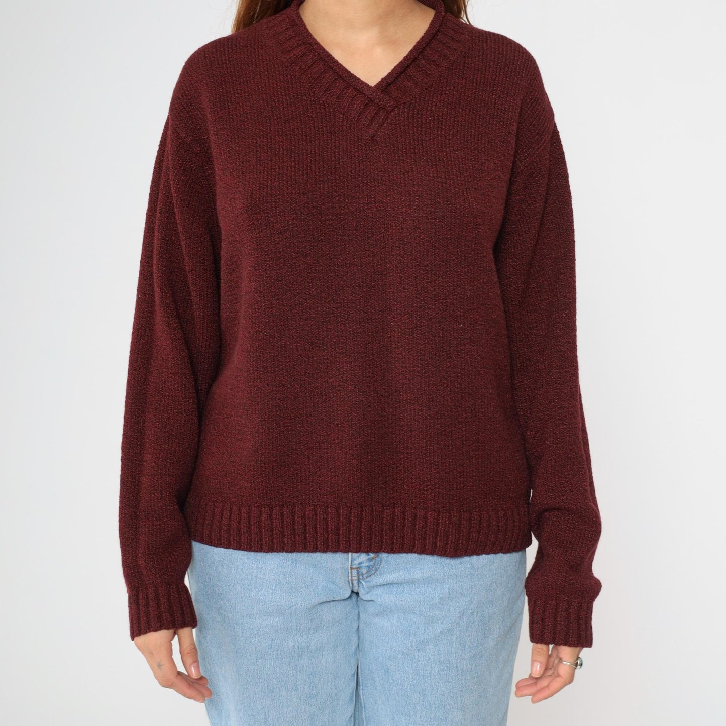 90s Burgundy V-Neck Knit Sweater Pullover Medium M