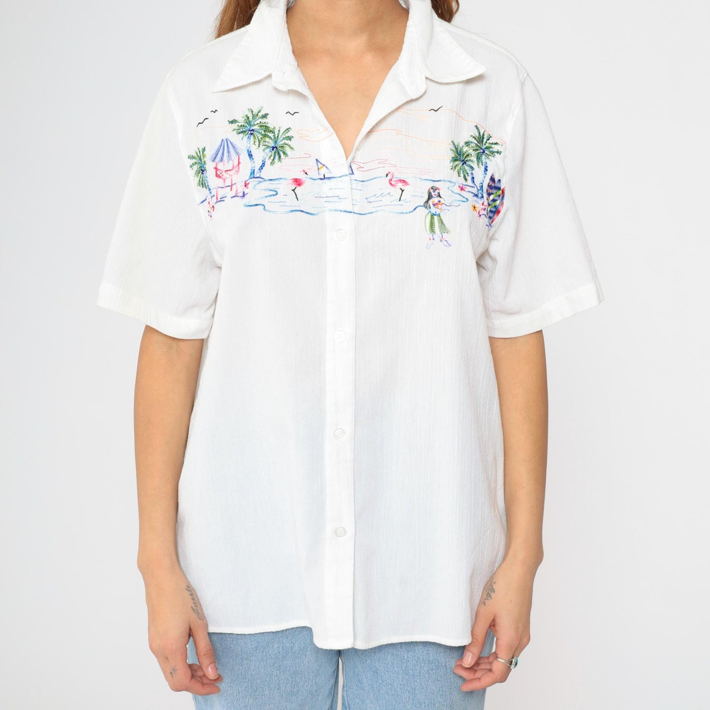 90s Alfred Dunner Hawaiian Shirt White Hula Girl Embroidered XL