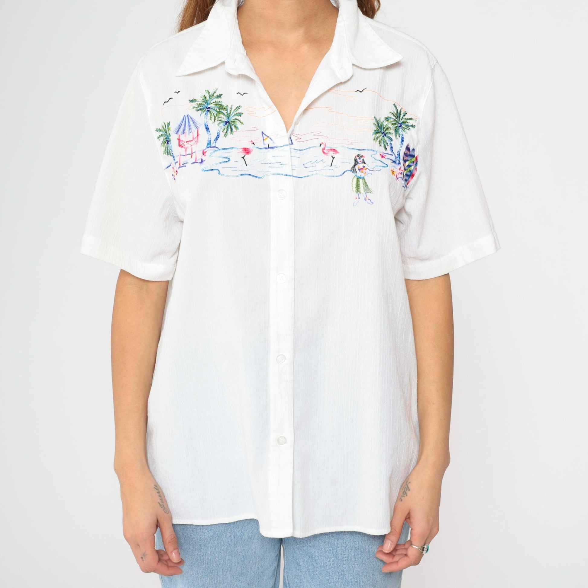 90s Alfred Dunner Hawaiian Shirt White Hula Girl Embroidered XL